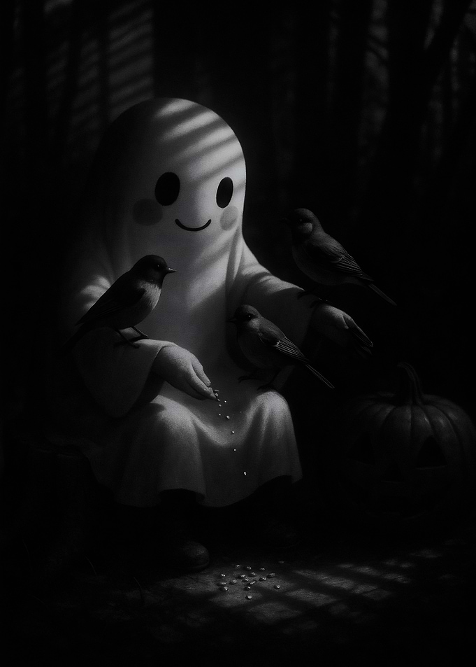 Halloween Ghost feeding birds