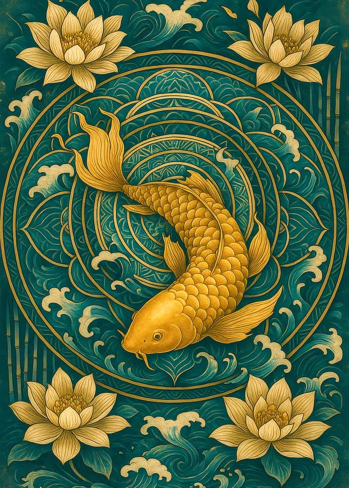 Golden Koi Fish with Lotus Flowers