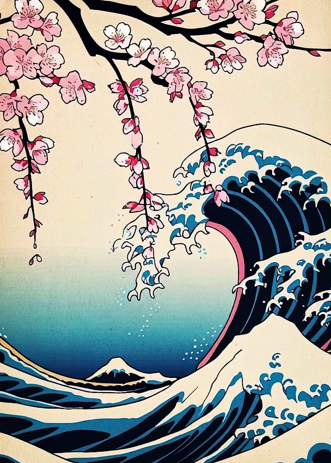 Cherry Blossoms and Great Wave Art