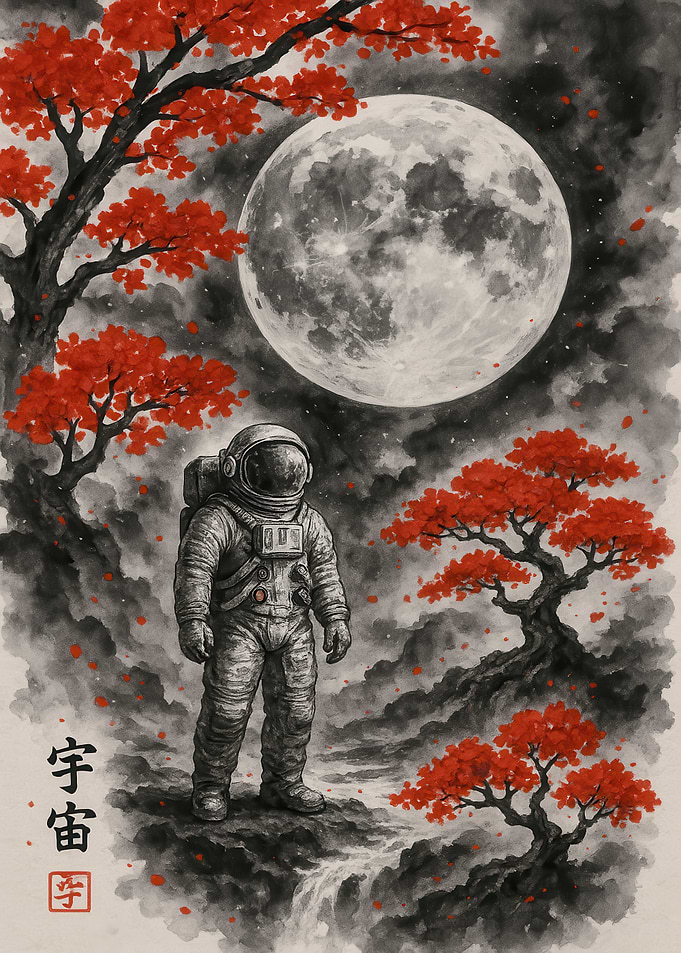 Astronaut in Japanese Landscape with Moon