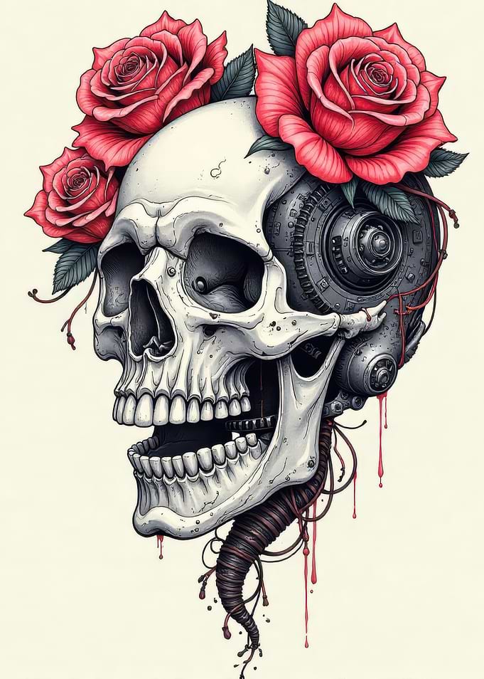 Skull with Roses and Mechanical Parts