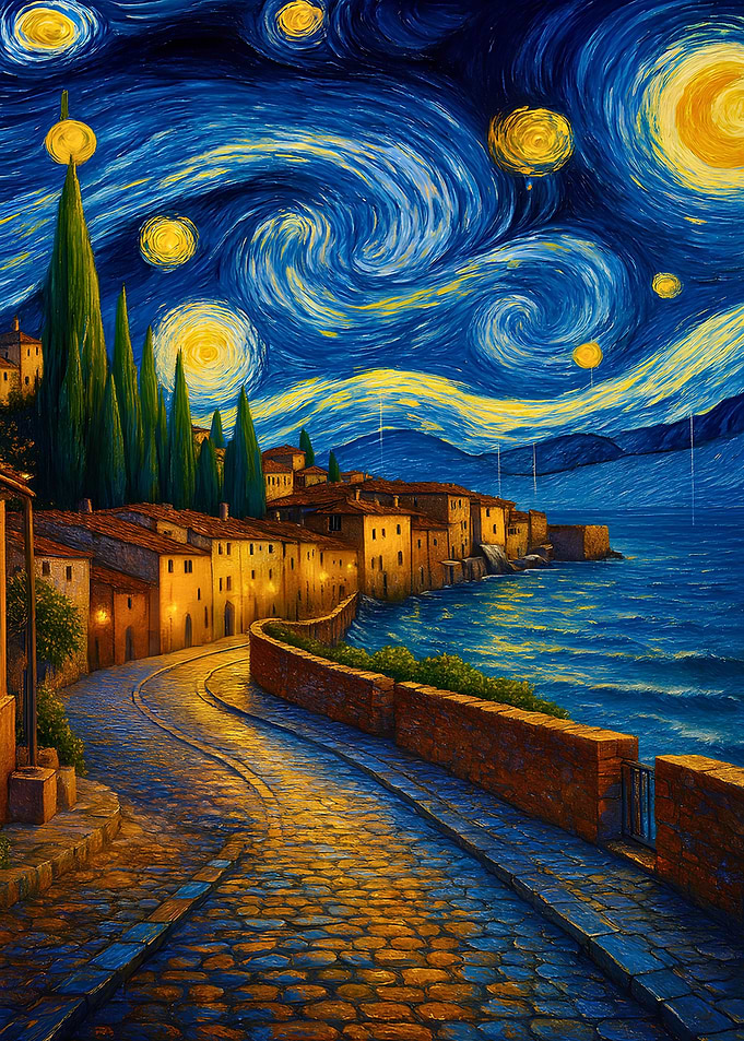 Coastal Village Night Painting