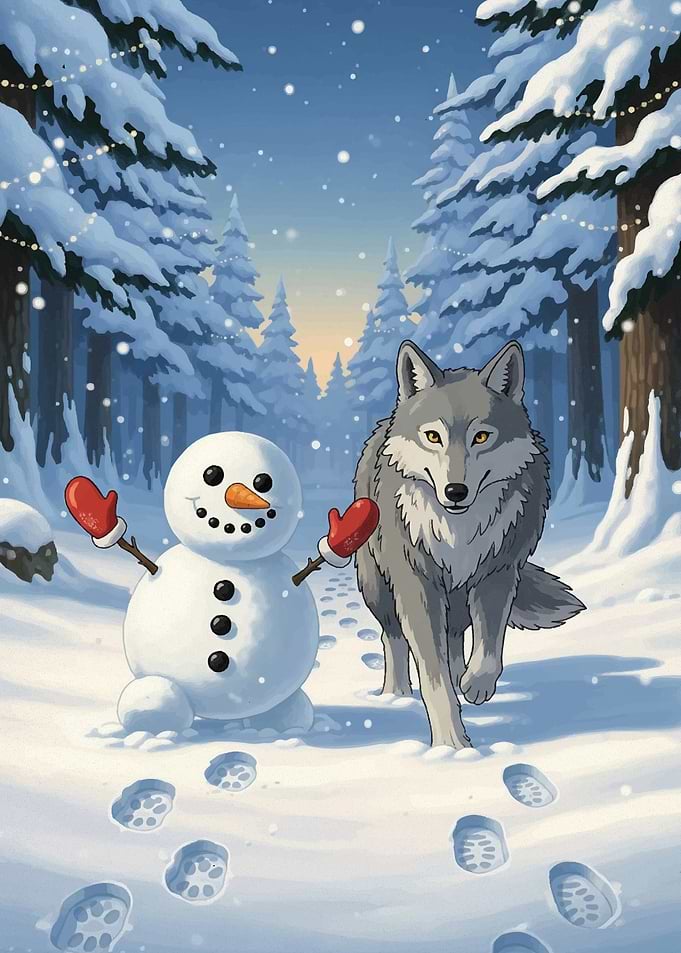 Snowman and Wolf in Winter Forest