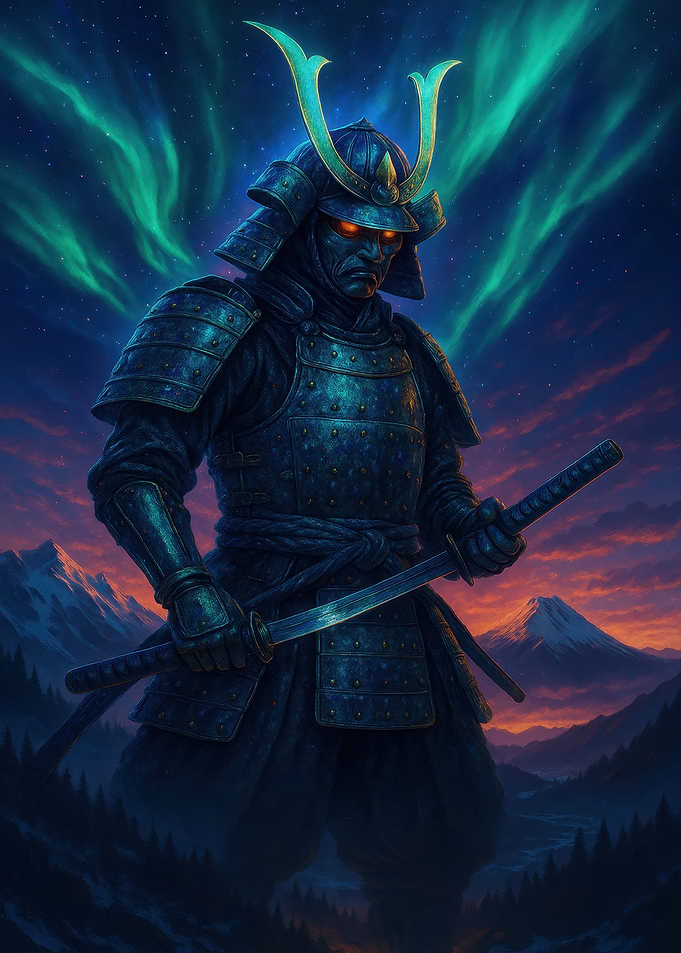 Samurai Warrior Under Aurora Borealis