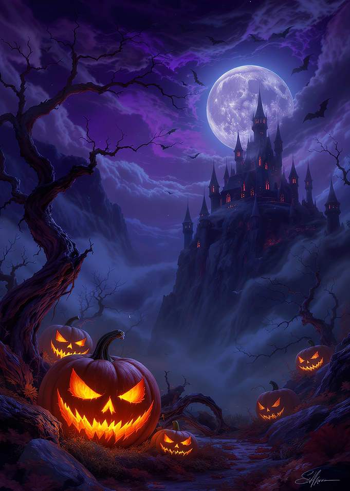 Spooky halloween castle with spooky pumpkins