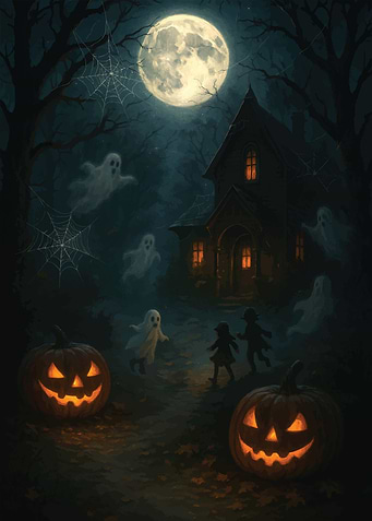 Halloween Night with Ghosts and Pumpkins