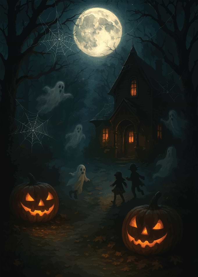 Halloween Night with Ghosts and Pumpkins