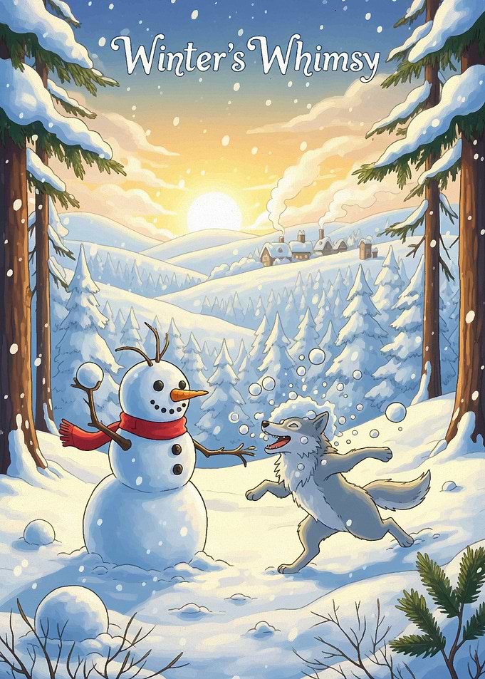 Winter's Whimsy: Snowman and Wolf