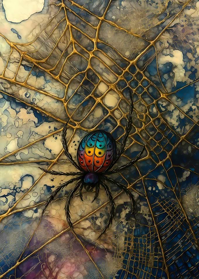 Abstract Fantasy #81 - Colorful Spider on Golden Web