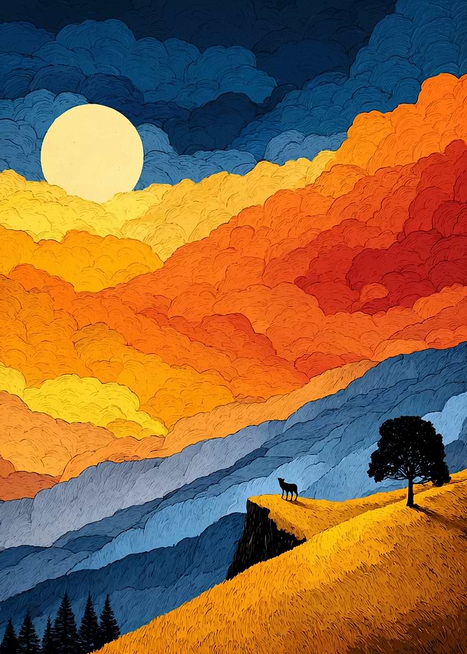 Wolf on Cliff at Sunset Landscape