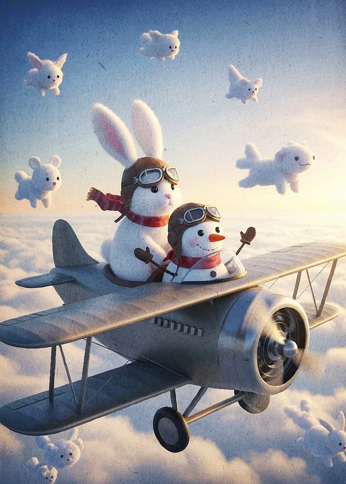 Rabbit Snowman Flying Airplane
