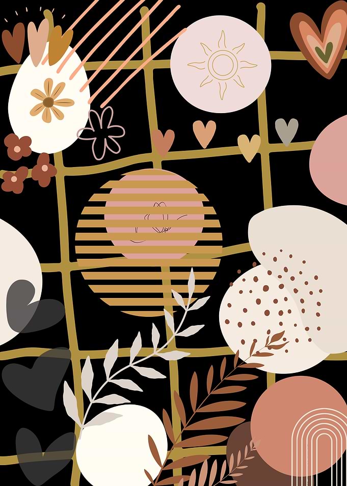 Abstract Boho Pattern with Hearts and Flowers