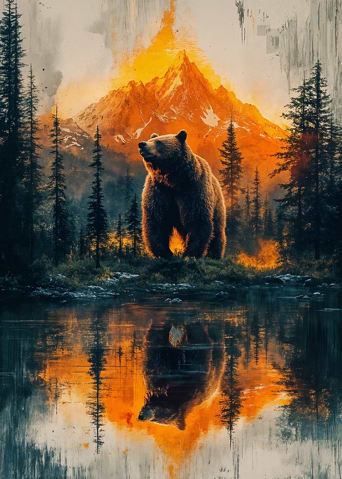 Bear in Mountain Landscape Reflection