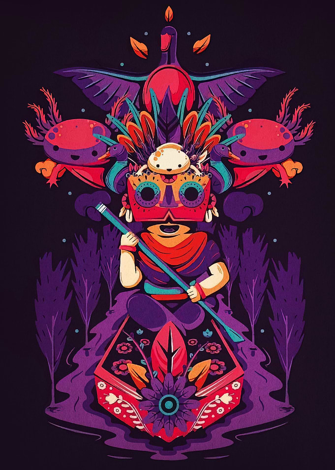 Aztec-inspired illustration with axolotls and figure