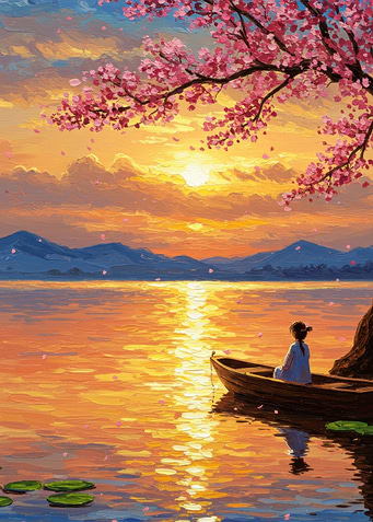 Sunset Serenity: Girl in Boat Painting
