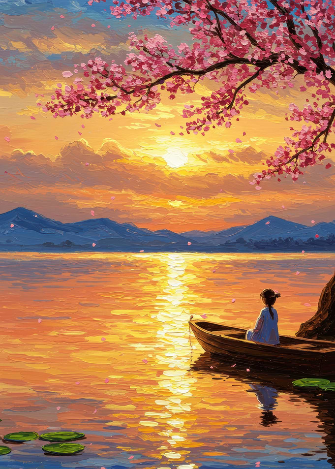 Sunset Serenity: Girl in Boat Painting