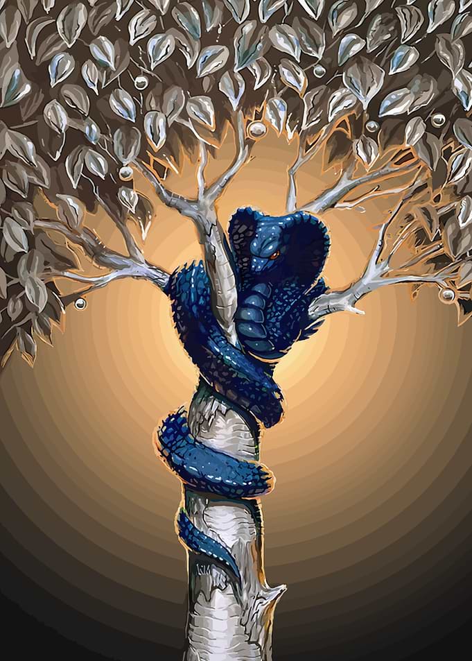 Blue Cobra in Silver Tree Illustration