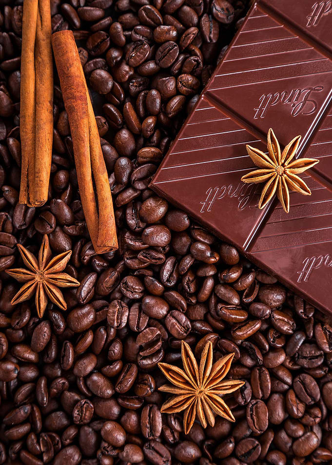 Coffee beans, chocolate, and spices