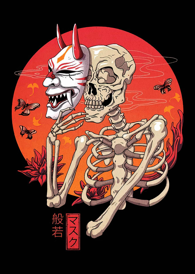 Skeleton with Hannya Mask Illustration
