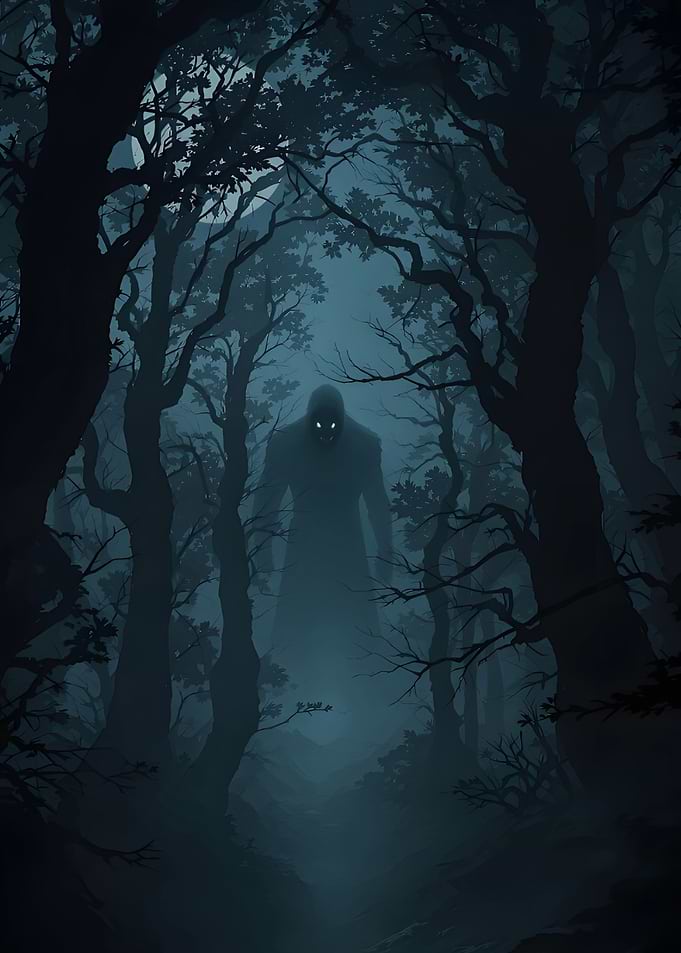 Eerie Figure in Dark Forest