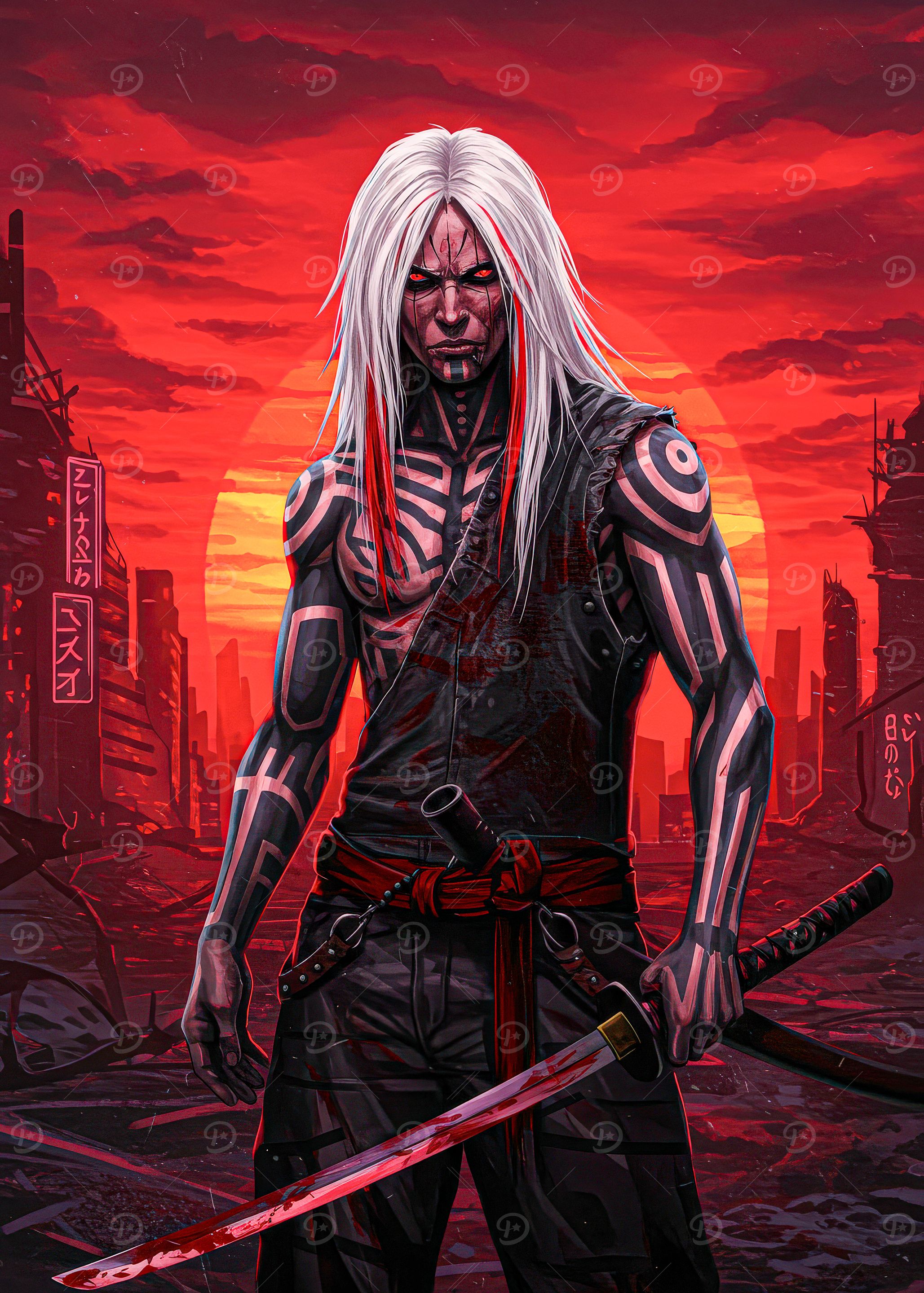 Cyberpunk Warrior with Katana in Ruins