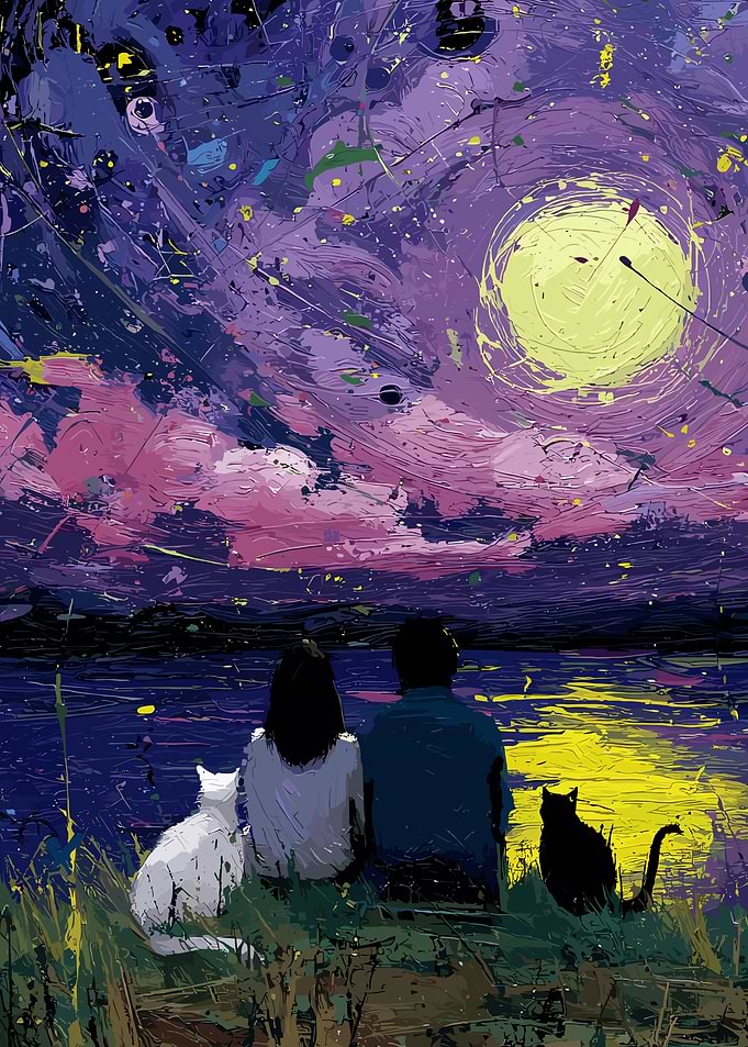 Couple with Cats Under Moonlit Sky