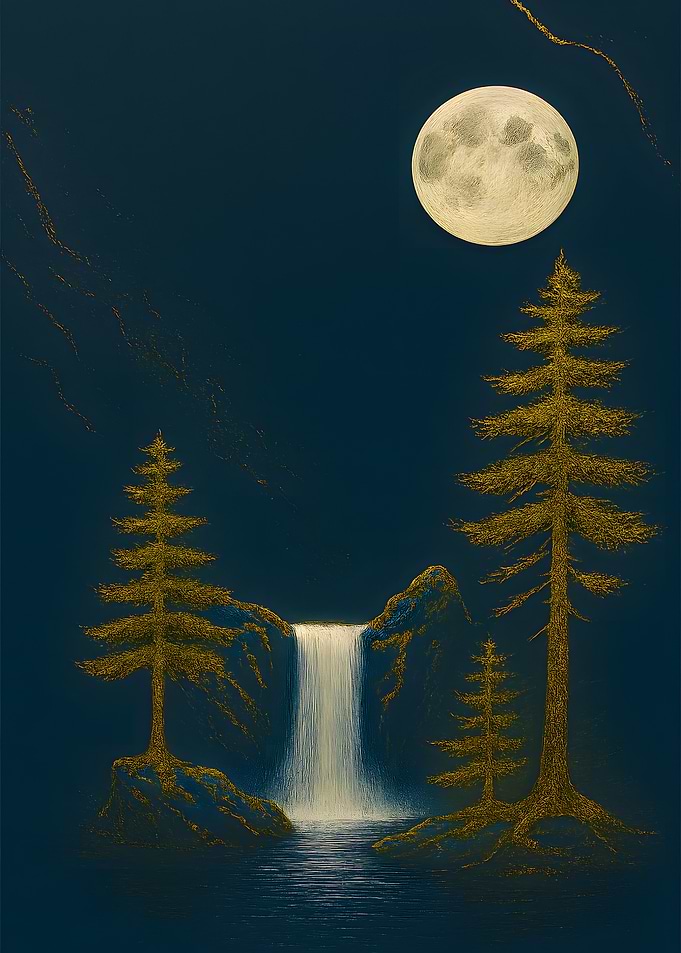 Golden Waterfall Under Moonlight