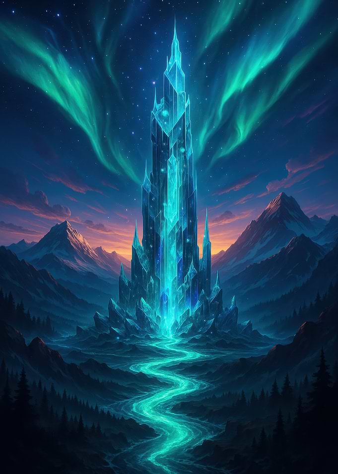 Crystal Tower Landscape with Aurora