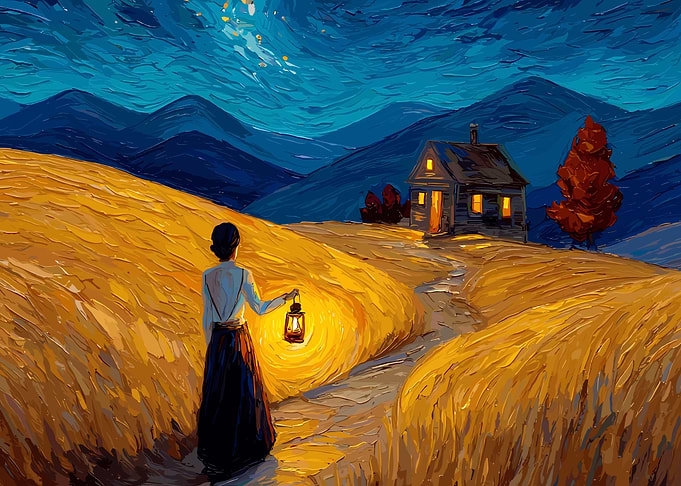 Woman with Lantern in Rural Landscape