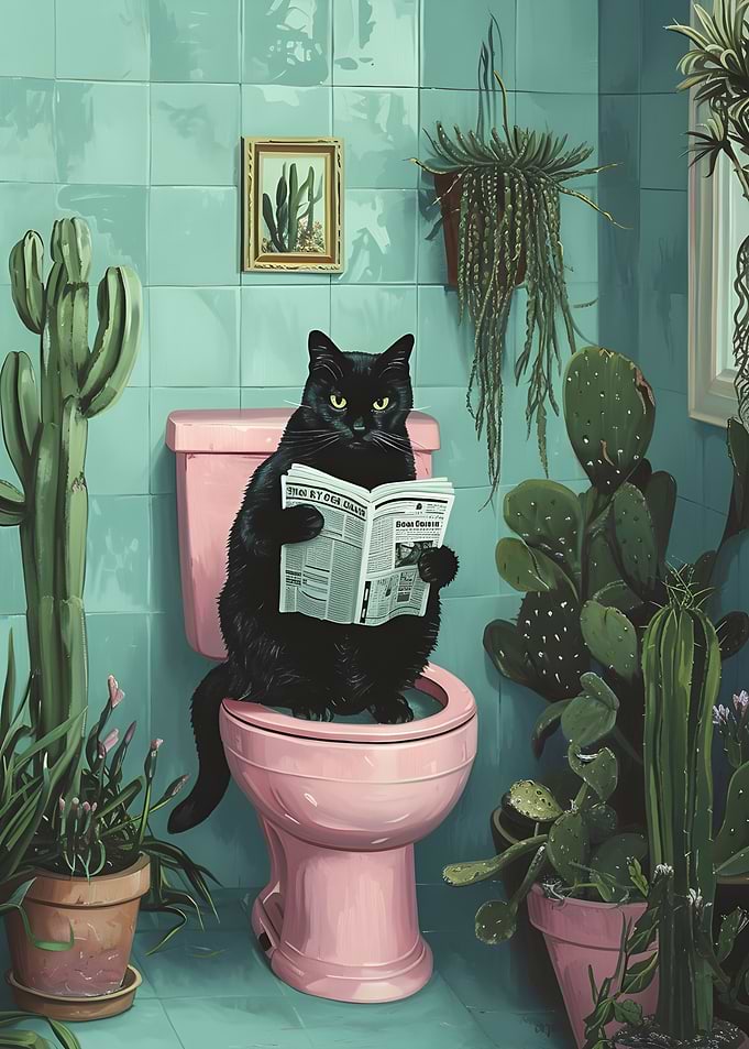 Black Cat Reading Newspaper on Toilet