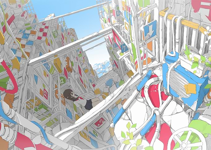 Anime Girl in Abstract Cityscape