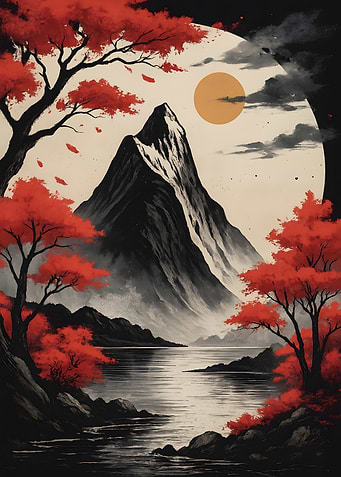Japanese Landscape with Mountain and Lake