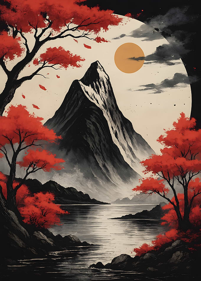 Japanese Landscape with Mountain and Lake