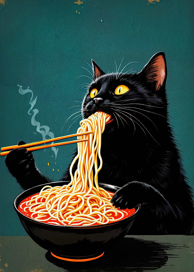 Black Cat Eating Ramen Noodles