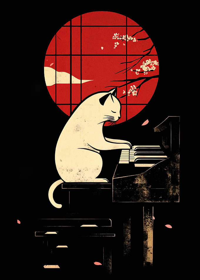 Cat playing piano with Japanese background