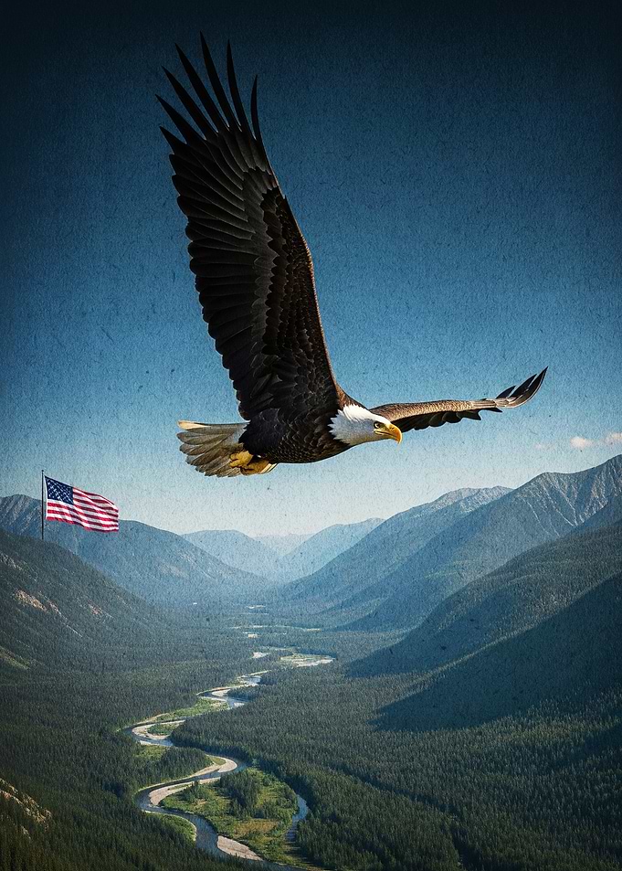 Bald Eagle Soaring Over Mountain