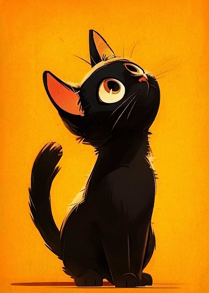 Cartoon Black Cat on Orange Background