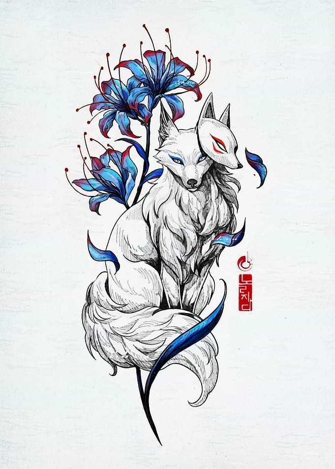 Fox with Mask and Blue Flowers