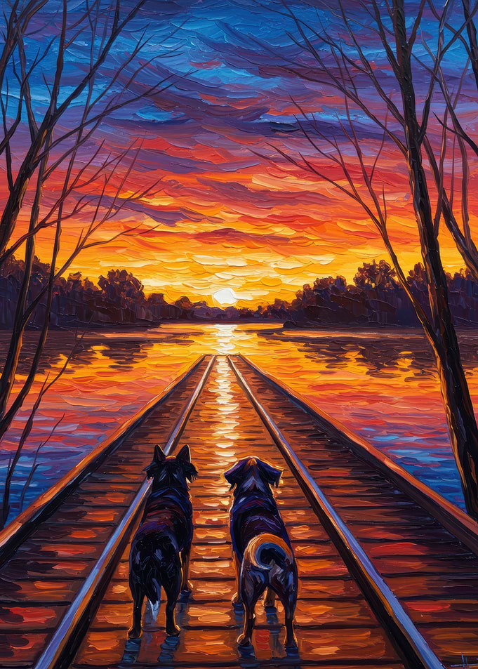 Dogs on Dock at Sunset Painting