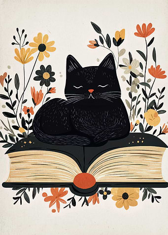 Black Cat on Book with Flowers