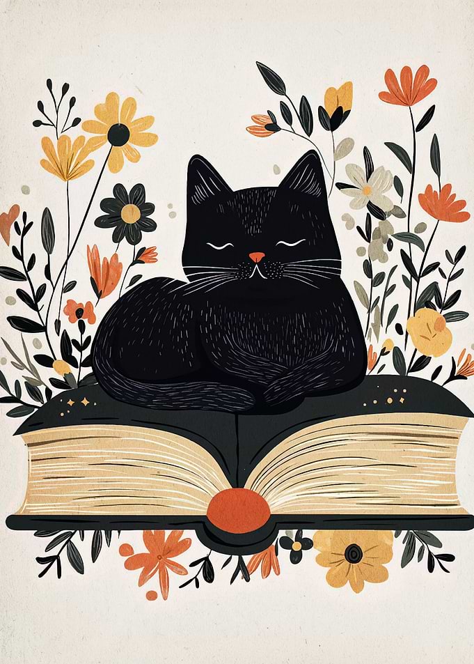 Black Cat on Book with Flowers
