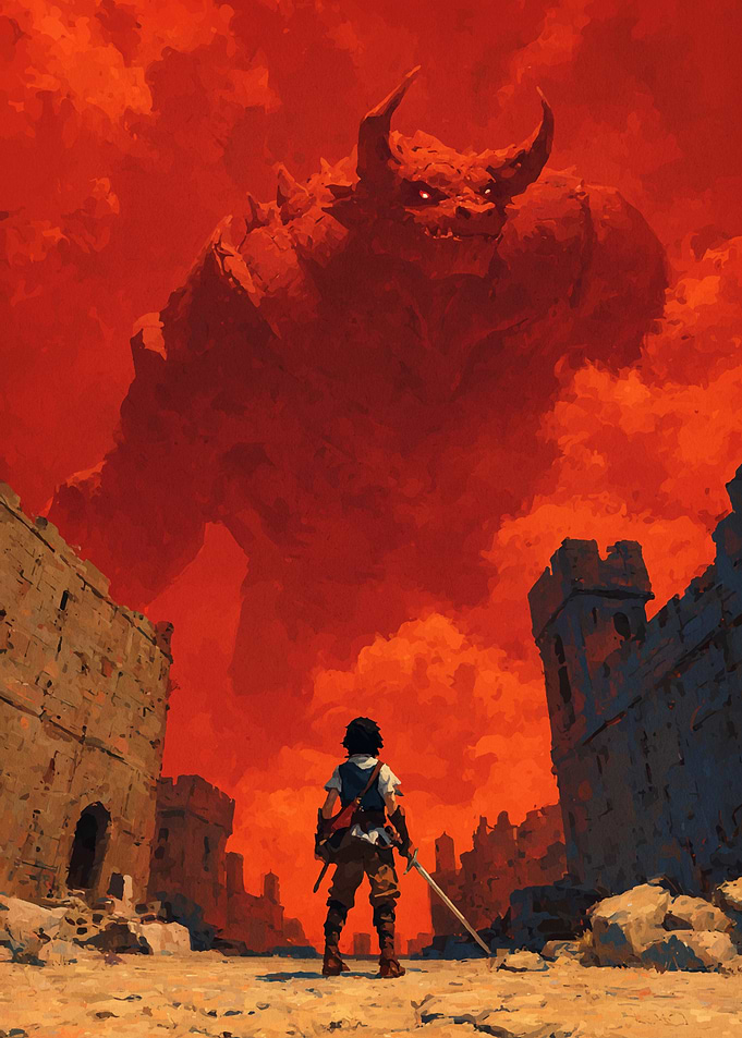 Hero Confronts Giant Demon in Ruins