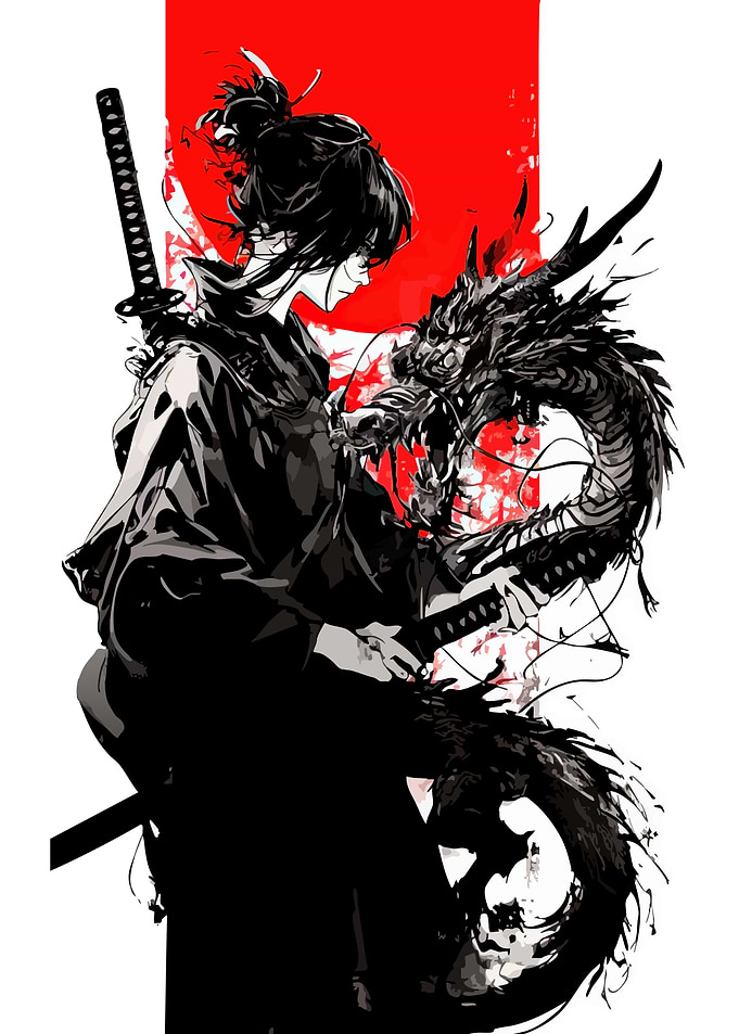 Samurai Girl with Dragon Illustration