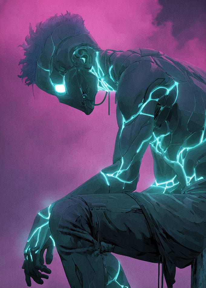 Cyberpunk Figure with Glowing Cracks
