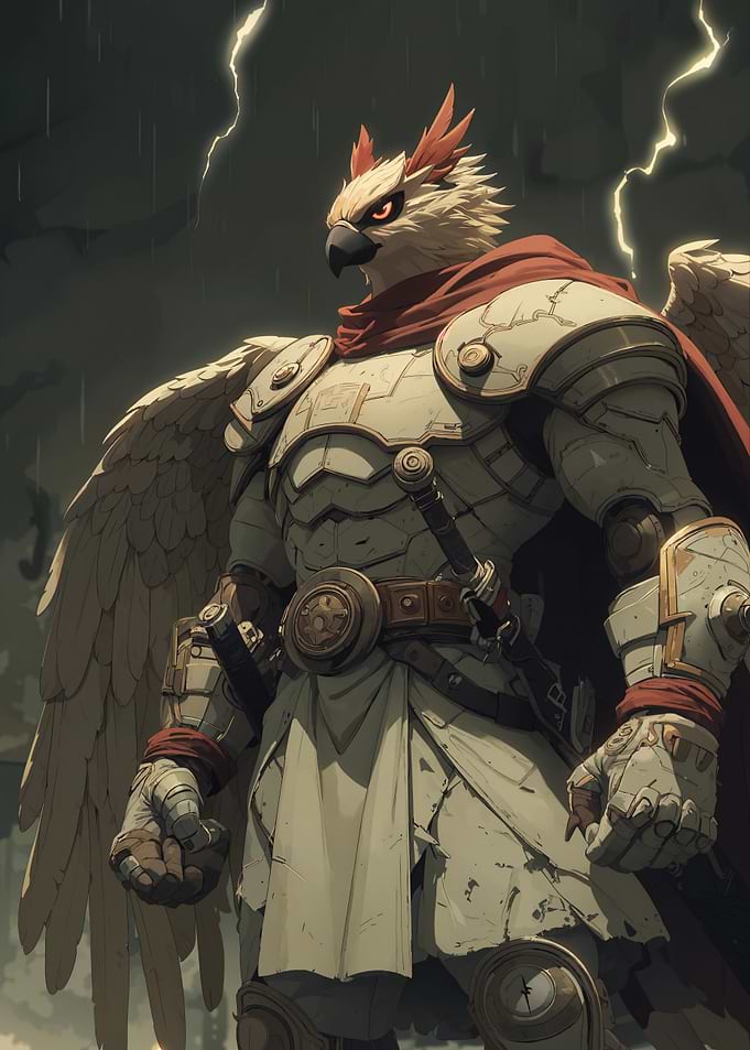 Armored Bird Warrior in Stormy Weather