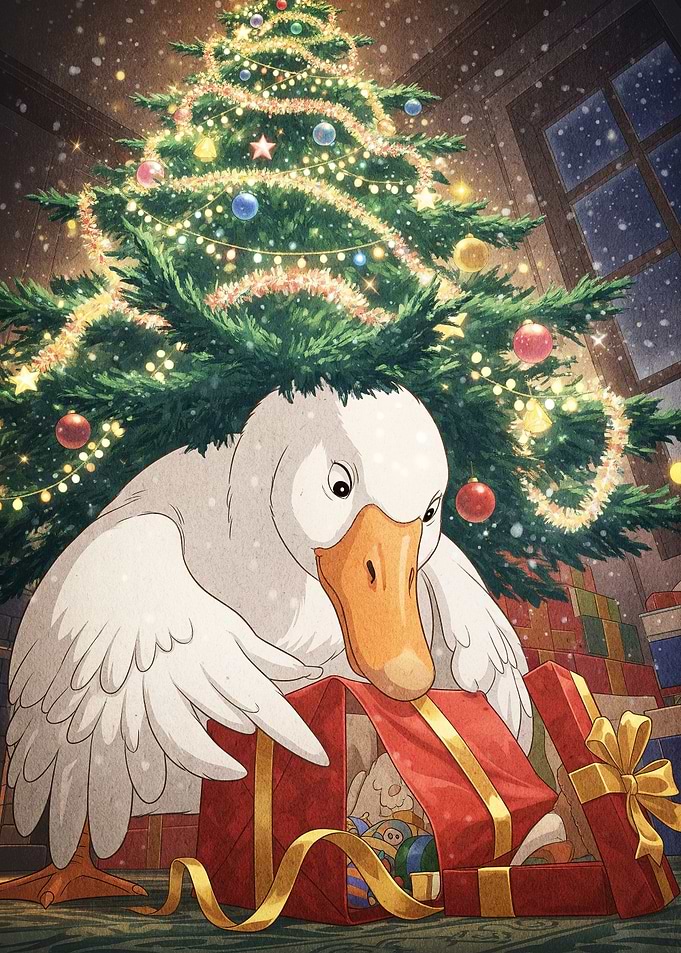 Duck opening Christmas present