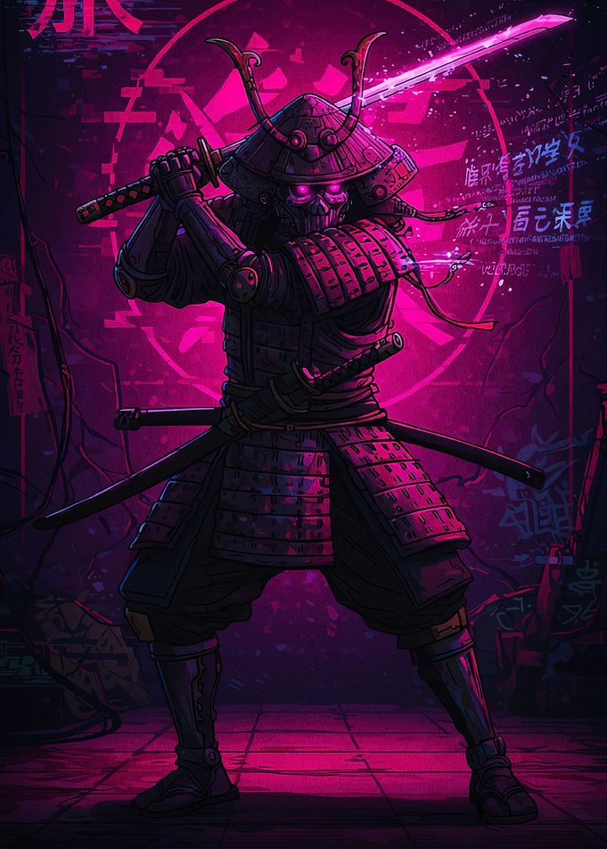Cyberpunk Samurai Warrior with Glowing Sword