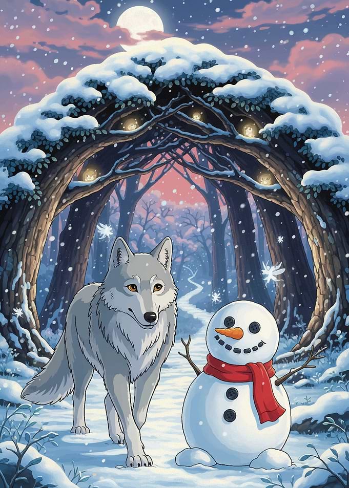 Wolf and Snowman in Winter Forest