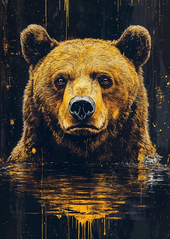 Bear Portrait in Water with Gold Accents