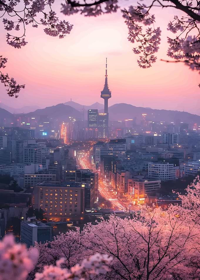 Seoul cityscape with cherry blossoms